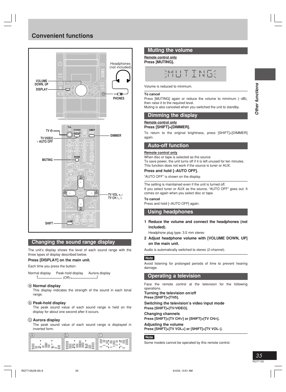 Convenient functions, Muting the volume, Dimming the display | Auto-off function, Using headphones, Operating a television, Changing the sound range display, Sound field/sound quality operations, Other functions, Press [muting | Panasonic SC-VK90D User Manual | Page 35 / 44