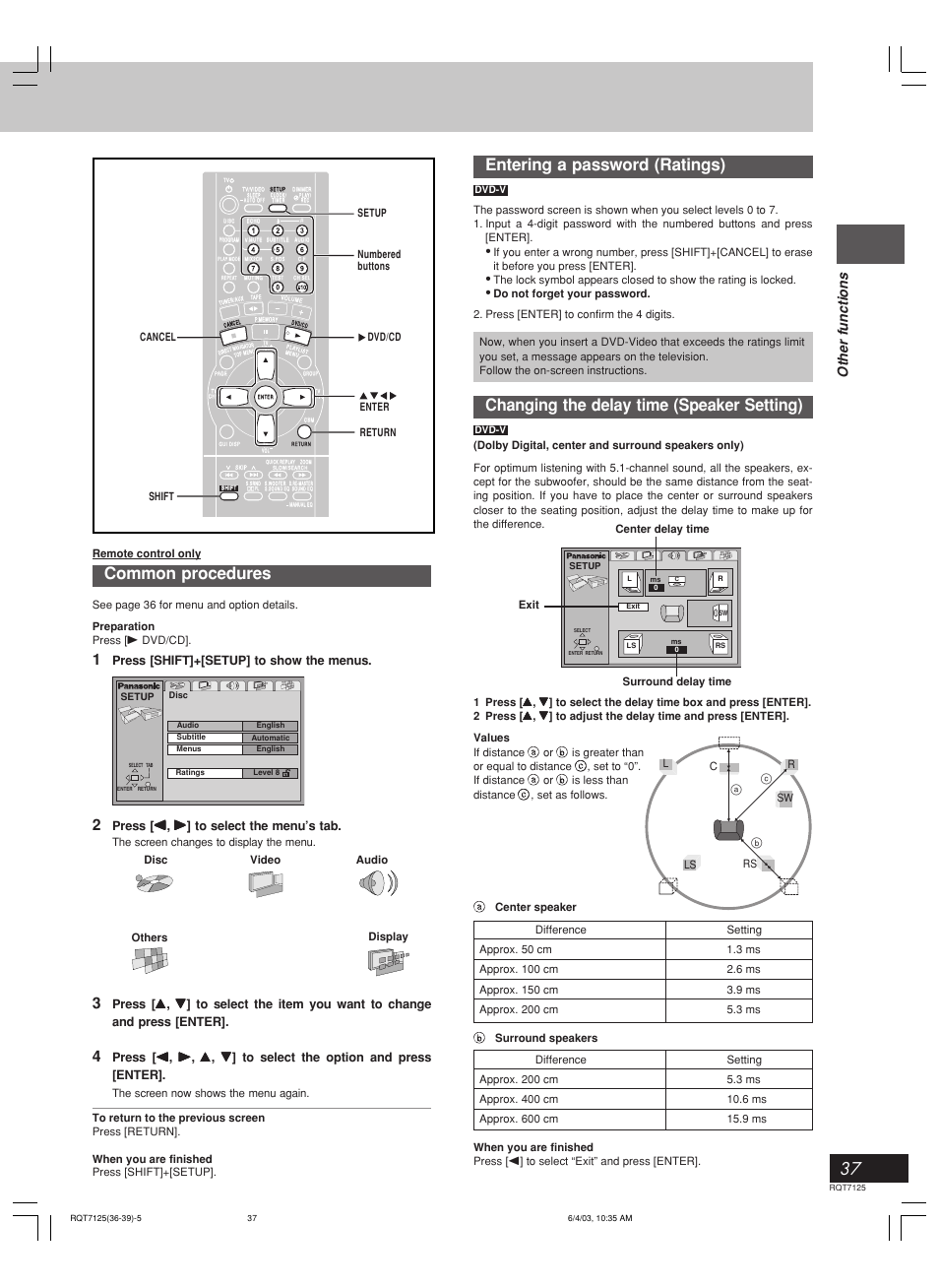 Entering a password (ratings), Changing the delay time (speaker setting), Common procedures | Other functions | Panasonic SC-VK90D User Manual | Page 37 / 44