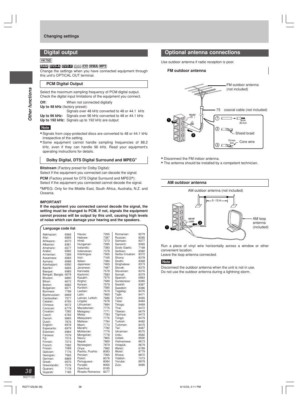 Digital output, Optional antenna connections, Other functions | Panasonic SC-VK90D User Manual | Page 38 / 44