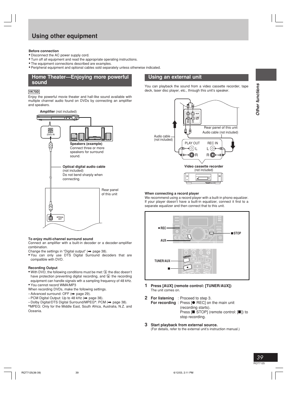 Using other equipment, Home theater—enjoying more powerful sound, Using an external unit | Other functions, Volume, Press [aux] (remote control: [tuner/aux]), Start playback from external source | Panasonic SC-VK90D User Manual | Page 39 / 44
