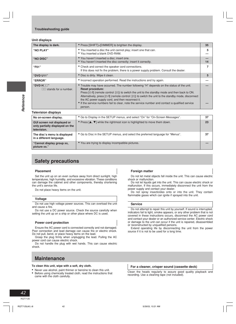 Maintenance safety precautions | Panasonic SC-VK90D User Manual | Page 42 / 44