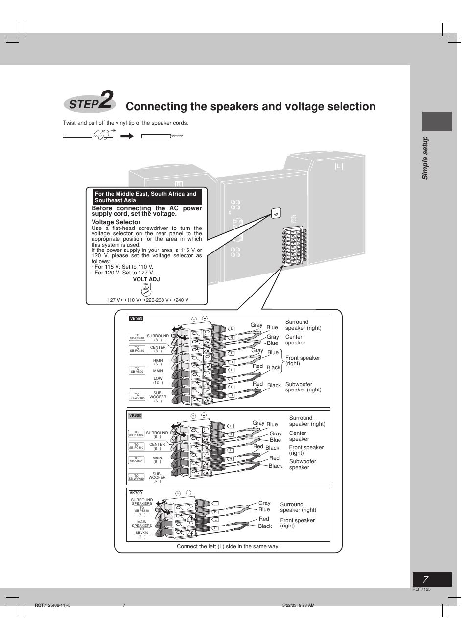 Step, Connecting the speakers and voltage selection, Simple setup | Panasonic SC-VK90D User Manual | Page 7 / 44