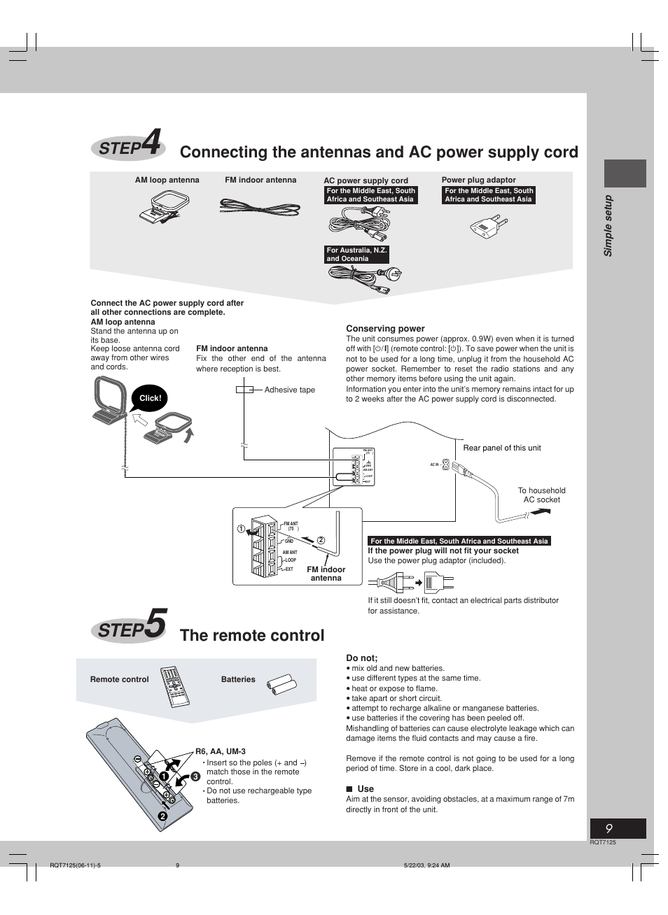 Step, Connecting the antennas and ac power supply cord, The remote control | Panasonic SC-VK90D User Manual | Page 9 / 44