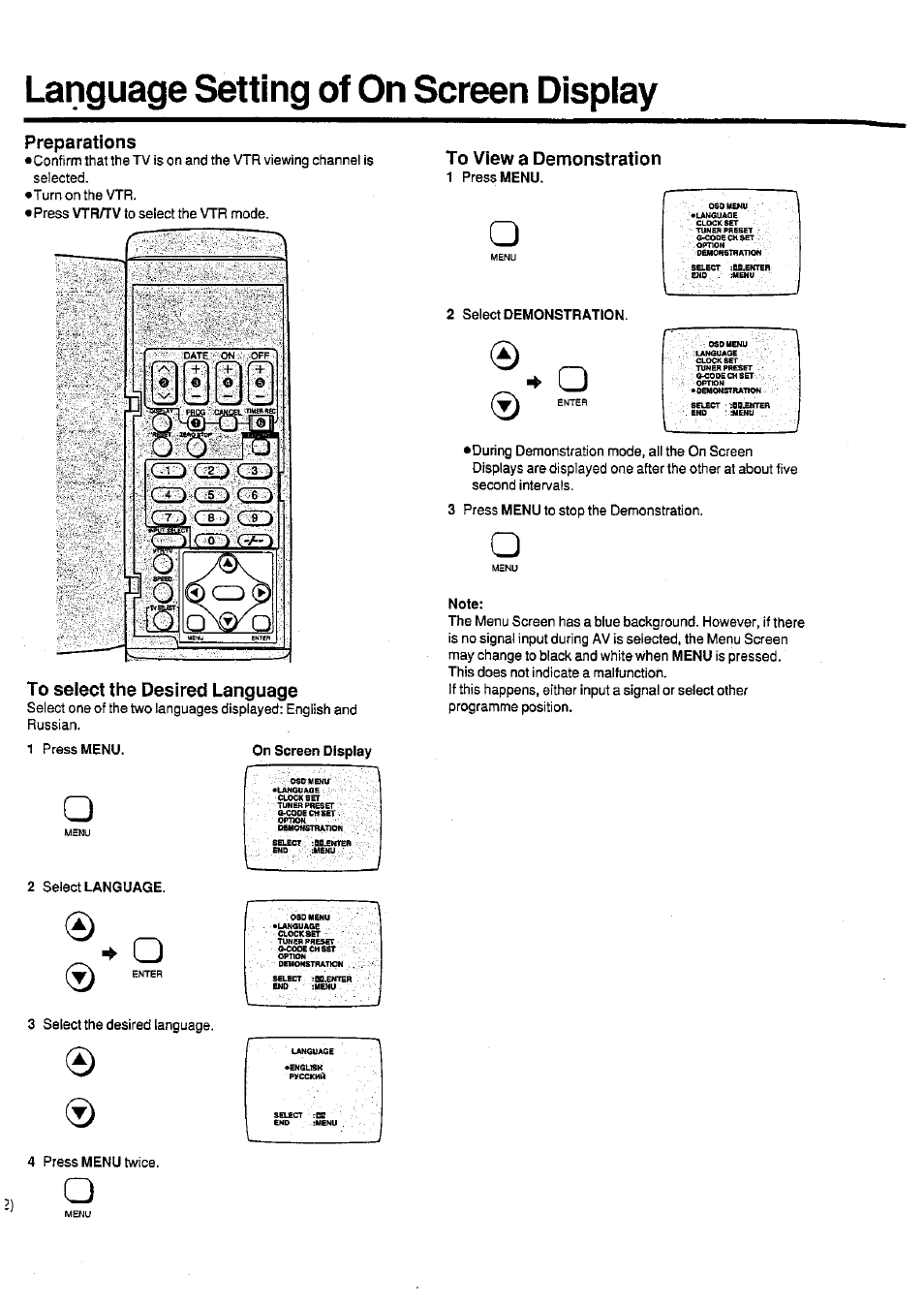 Language setting of on screen display, Preparations, To select the desired language | To view a demonstration | Panasonic NV-SD400 User Manual | Page 12 / 32