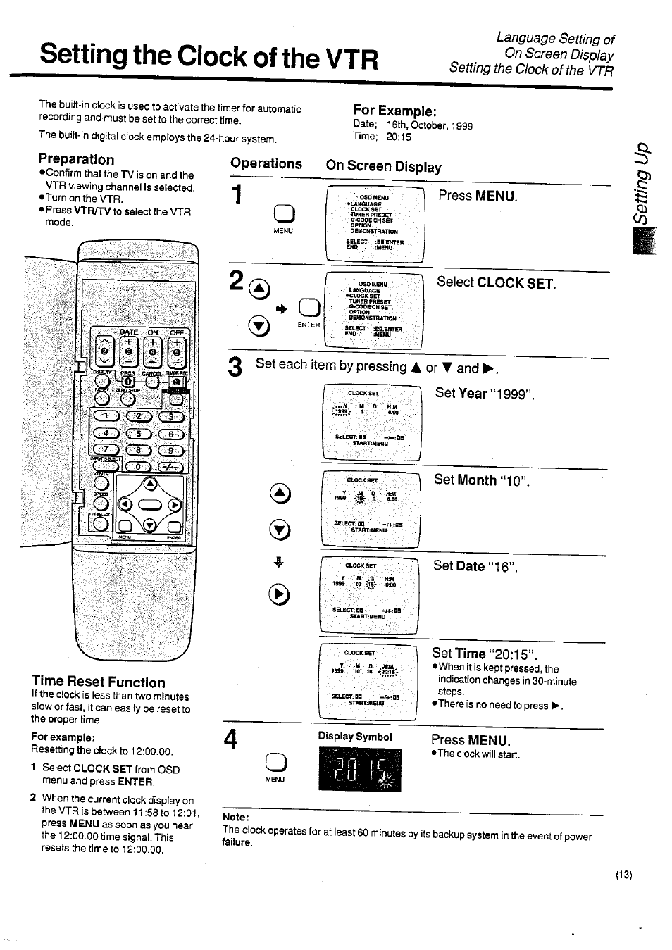 Setting the clock of the vtr, For example, Preparation | Time reset function, Operations on screen display, Press menu, Select clock set, 0 set each item by pressing, A or t and, Set year “1999 | Panasonic NV-SD400 User Manual | Page 13 / 32