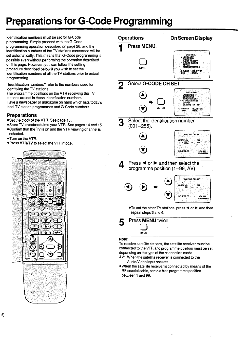 Preparations, Operations, On screen display | Press menu, Select g-code ch set, Select the identification number (001-255), C press menu twice, Preparations for g-code programming | Panasonic NV-SD400 User Manual | Page 16 / 32