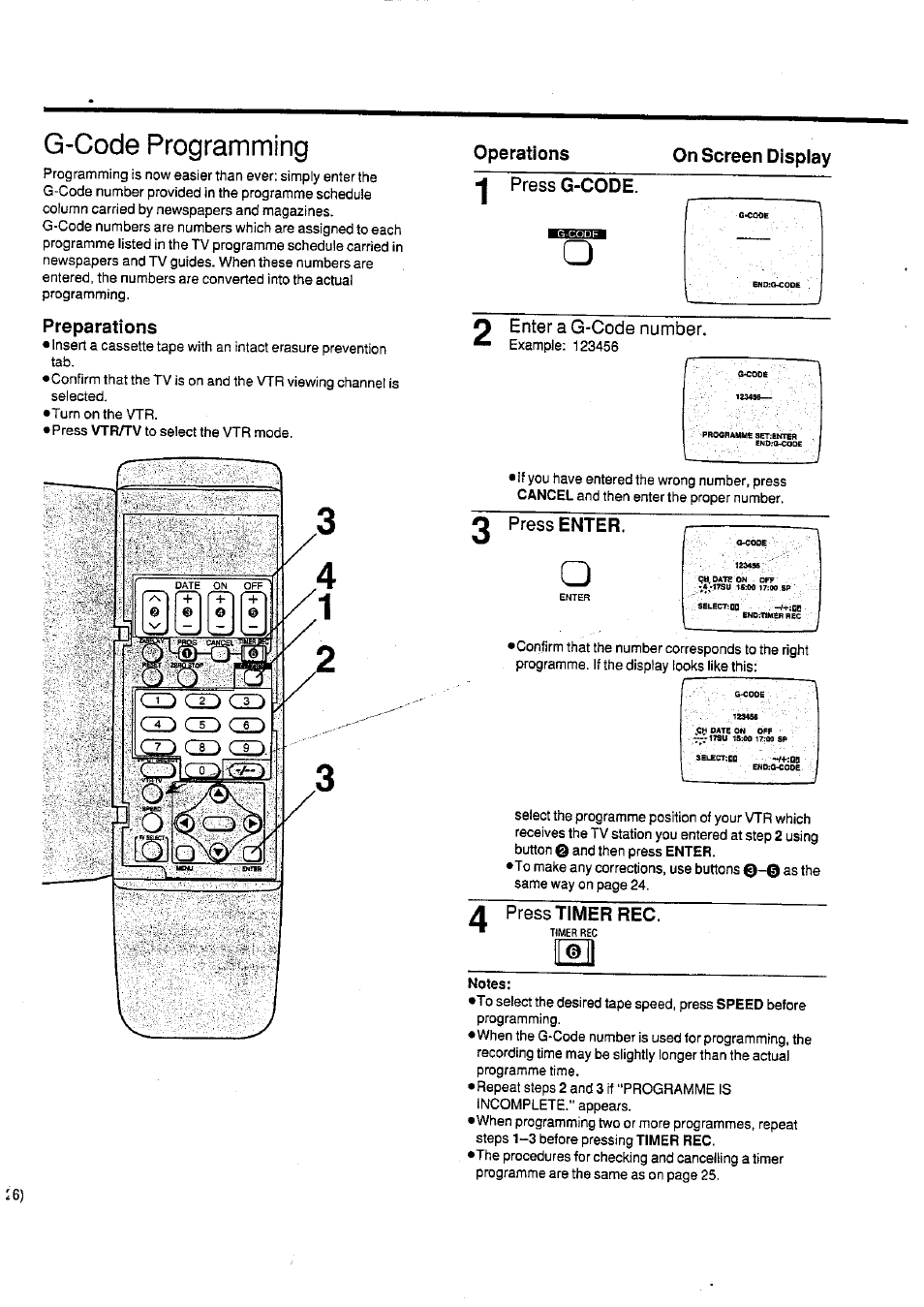 Preparations, Operations, On screen display | Press g-code, Enter a g-code number, 0 press enter, Press timer rec, G-code programming | Panasonic NV-SD400 User Manual | Page 26 / 32