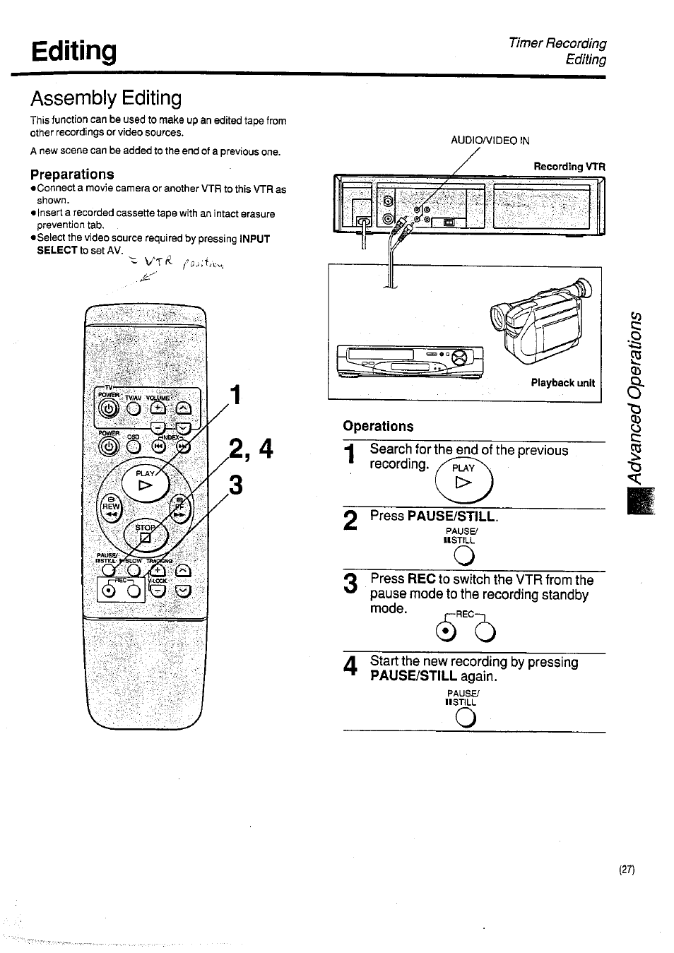 Preparations, Operations, H search for the end of the previous ■ recording | Press pausestill, Editing, Assembly editing | Panasonic NV-SD400 User Manual | Page 27 / 32