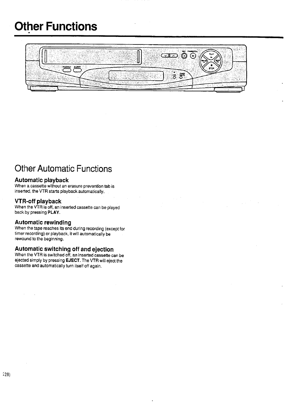 Other functions, Automatic playback, Vtr-off playback | Automatic rewinding, Automatic switching off and ejection, Other automatic functions | Panasonic NV-SD400 User Manual | Page 28 / 32