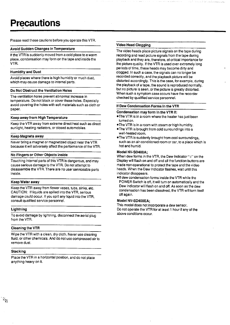 Precautions | Panasonic NV-SD400 User Manual | Page 31 / 32