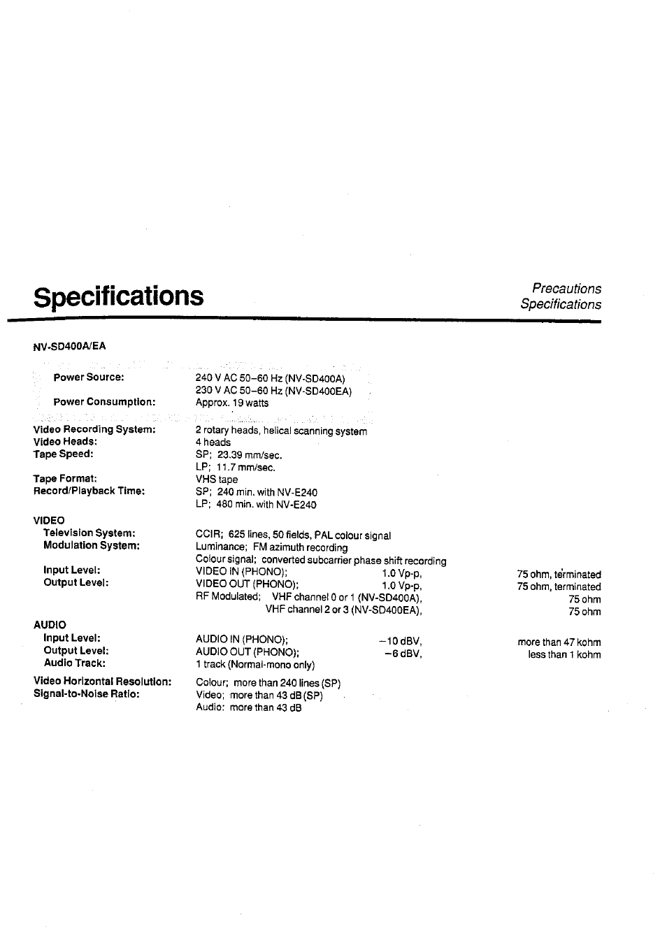 Specifications, Precautions specifications | Panasonic NV-SD400 User Manual | Page 32 / 32