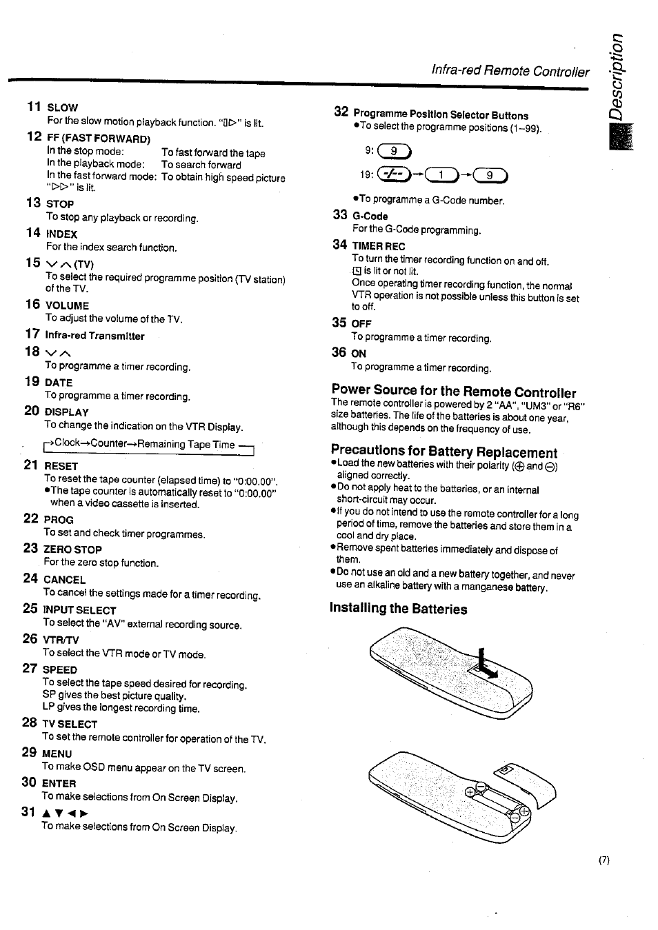 11 slow, 12 ff (fast forward), 13 stop | 14 index, 16 volume, 17 infra-red transmitter, 19 date, 20 display, 21 reset, 22 prog | Panasonic NV-SD400 User Manual | Page 7 / 32