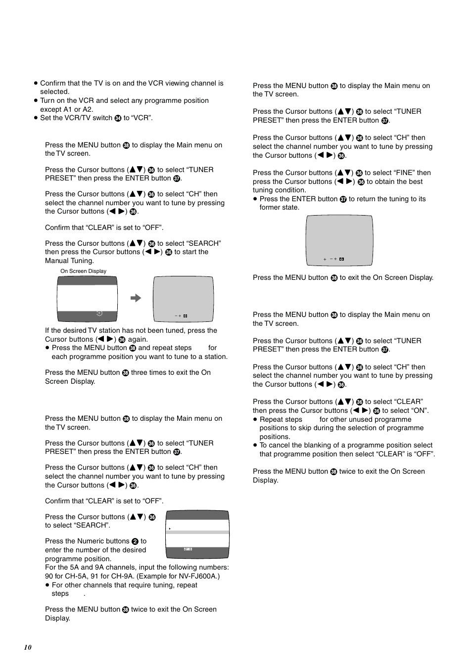 Manual tuning procedure, Fine tuning procedure, Blanking of unused programme positions | Direct tuning procedure | Panasonic NV-FJ600 User Manual | Page 10 / 34