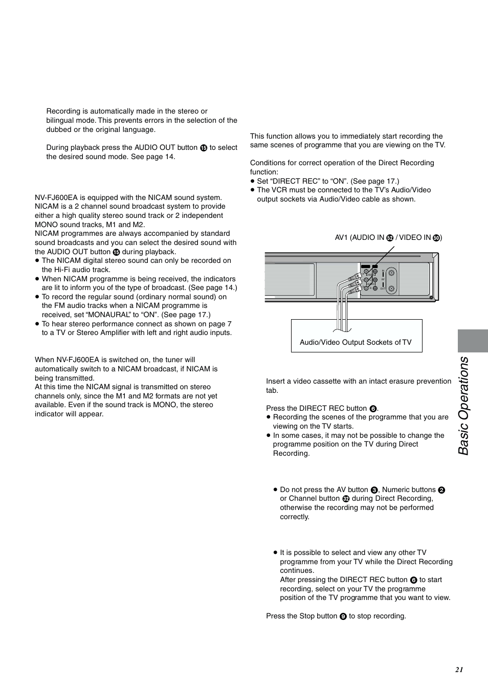 Basic operations, The nicam broadcast system (nv-fj600ea only) | Panasonic NV-FJ600 User Manual | Page 21 / 34