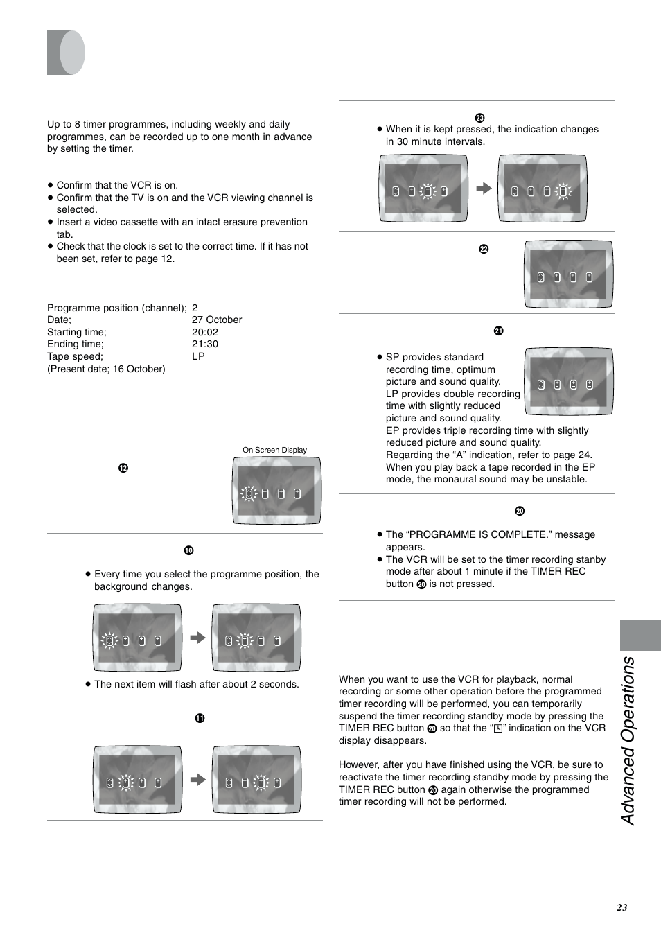 Advanced operations, Timer recording, Key programming | Adv anced operations, Press the off button f to set the ending time | Panasonic NV-FJ600 User Manual | Page 23 / 34