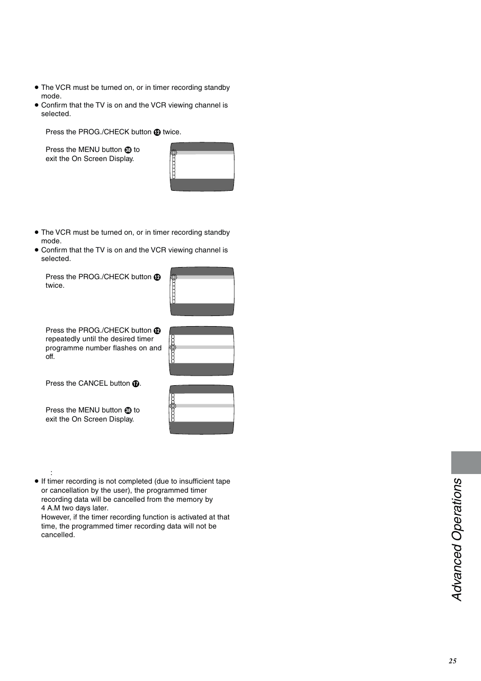 Adv anced operations, Checking a timer programme, Cancelling a timer programme | Panasonic NV-FJ600 User Manual | Page 25 / 34