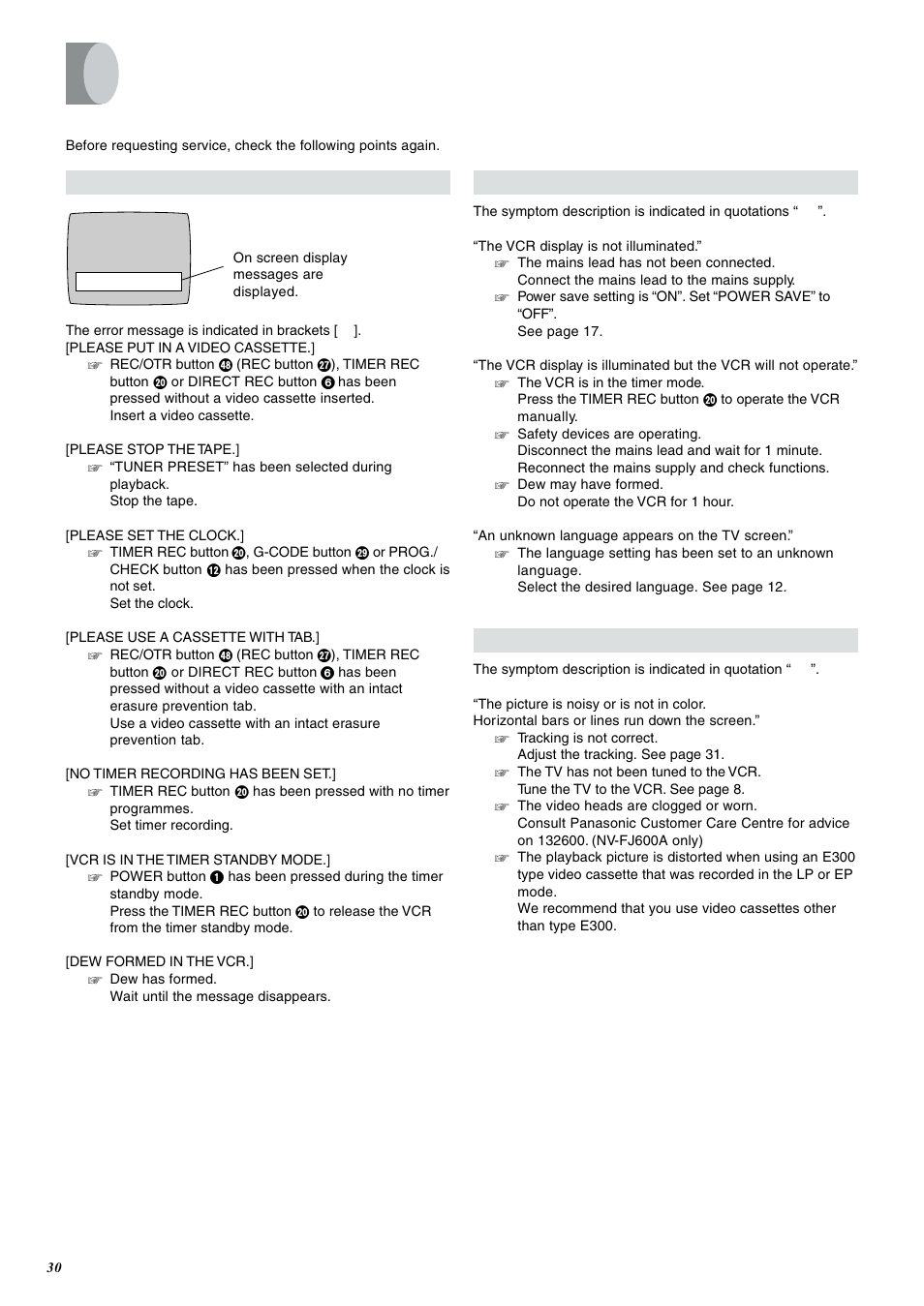 Helpful hints, Before requesting service | Panasonic NV-FJ600 User Manual | Page 30 / 34