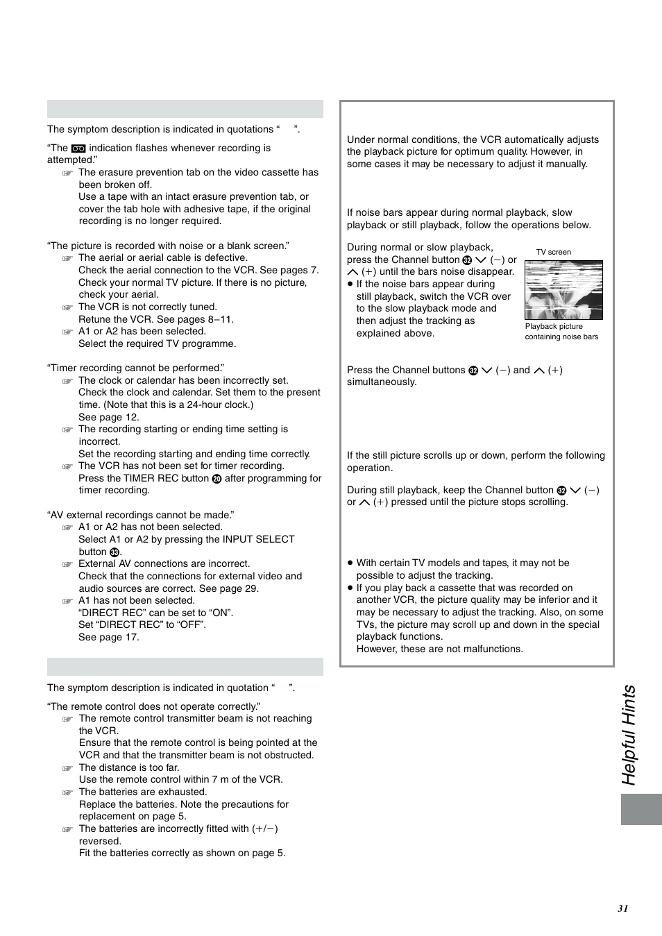 Adjusting the playback picture, Helpful hints | Panasonic NV-FJ600 User Manual | Page 31 / 34