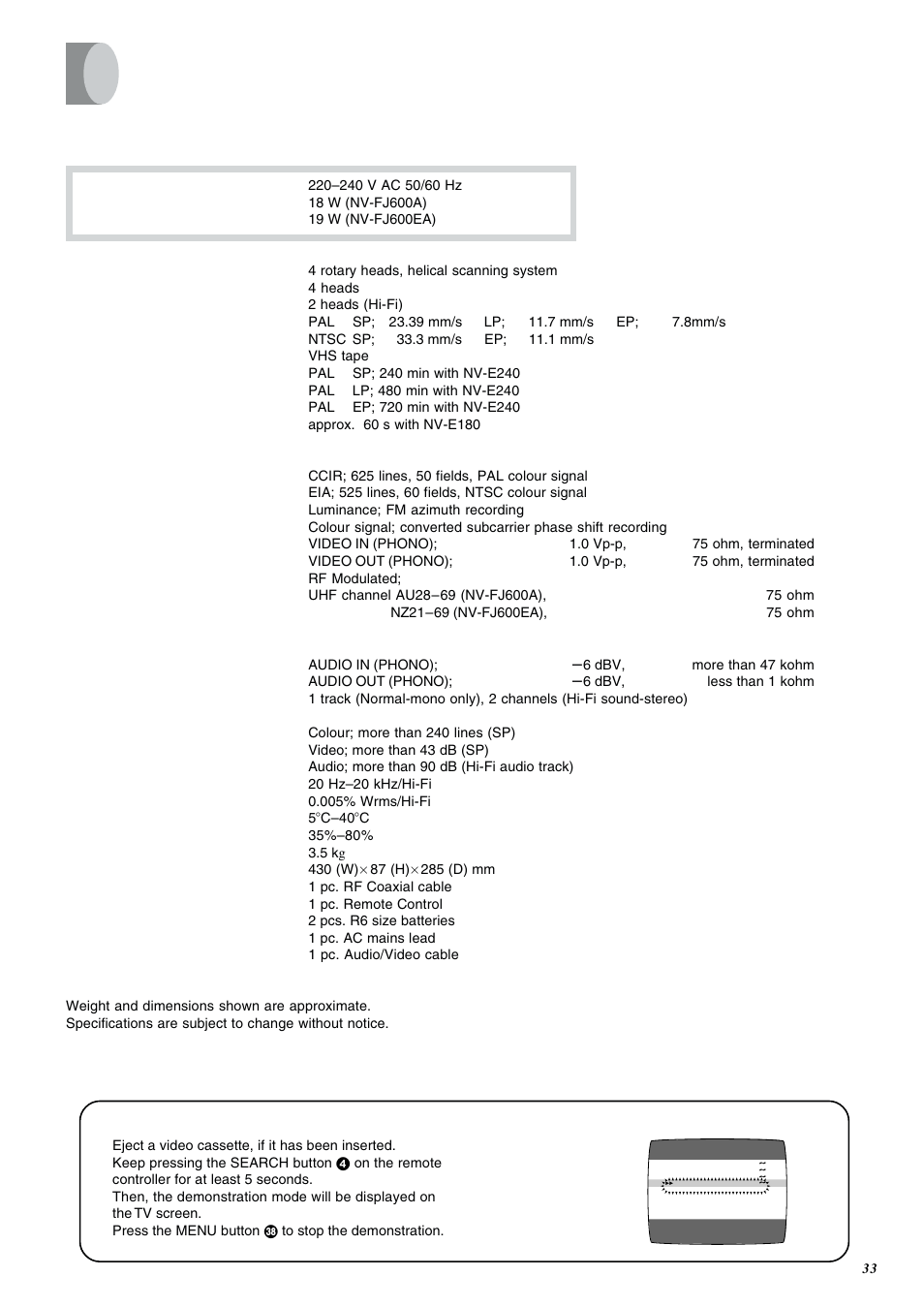 Specifications | Panasonic NV-FJ600 User Manual | Page 33 / 34
