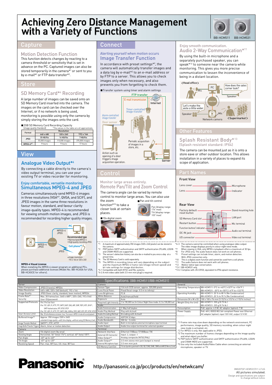 Capture view store, Control, Connect | Other features, Motion detection function, Recording, Simultaneous mpeg-4 and jpeg, Audio 2-way communication, Remote pan/tilt and zoom control, Splash resistant body | Panasonic BB-HCM511 User Manual | Page 2 / 2