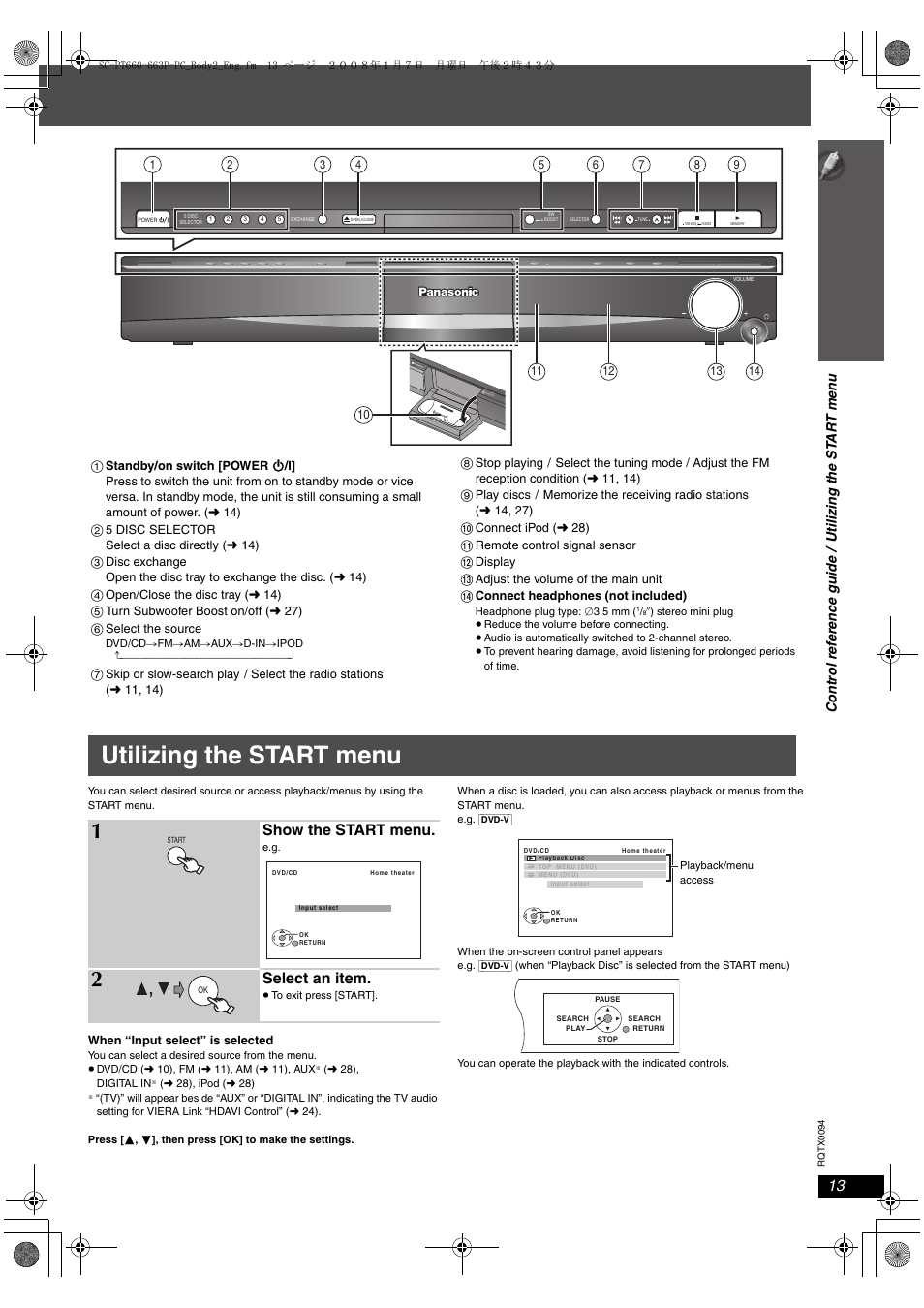 Utilizing the start menu, Show the start menu, Select an item | Open clo se | Panasonic SC-PT754 User Manual | Page 13 / 40