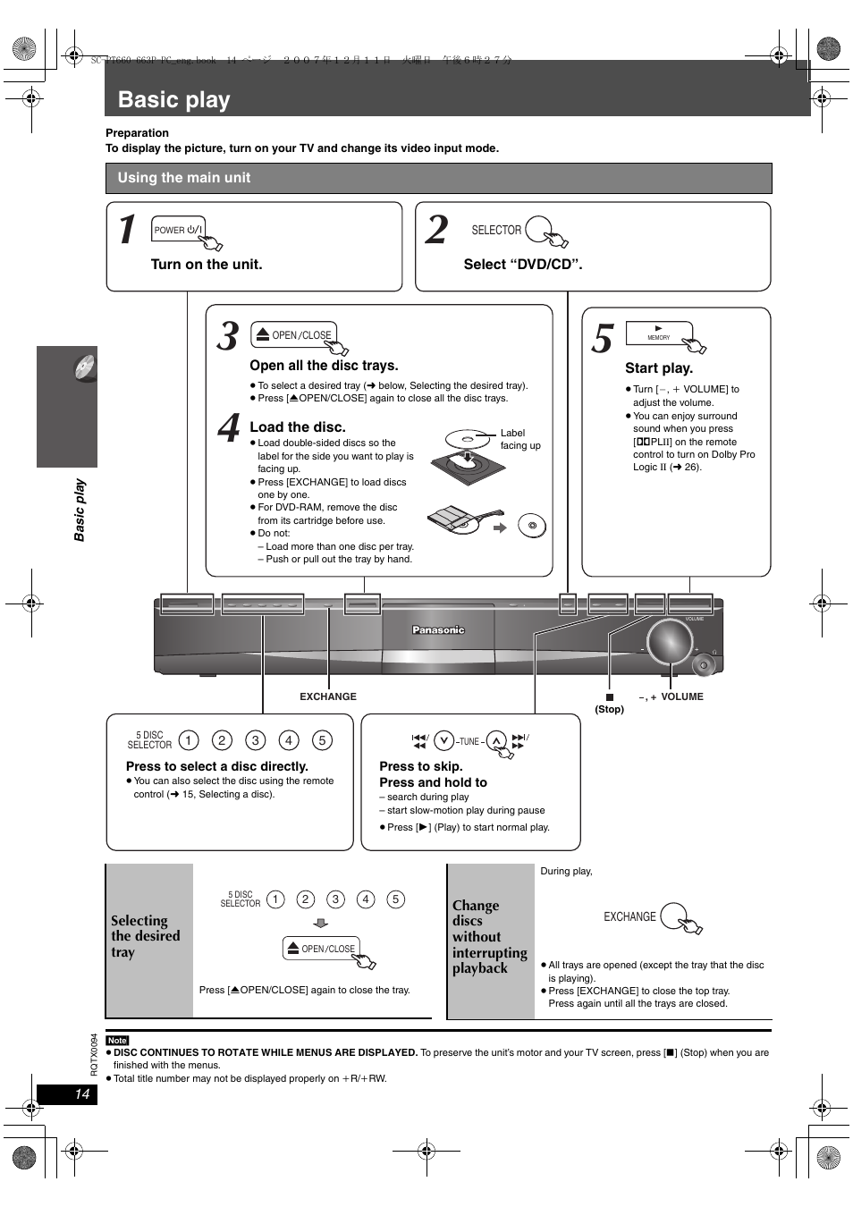 Playingdiscs, Basic play | Panasonic SC-PT754 User Manual | Page 14 / 40