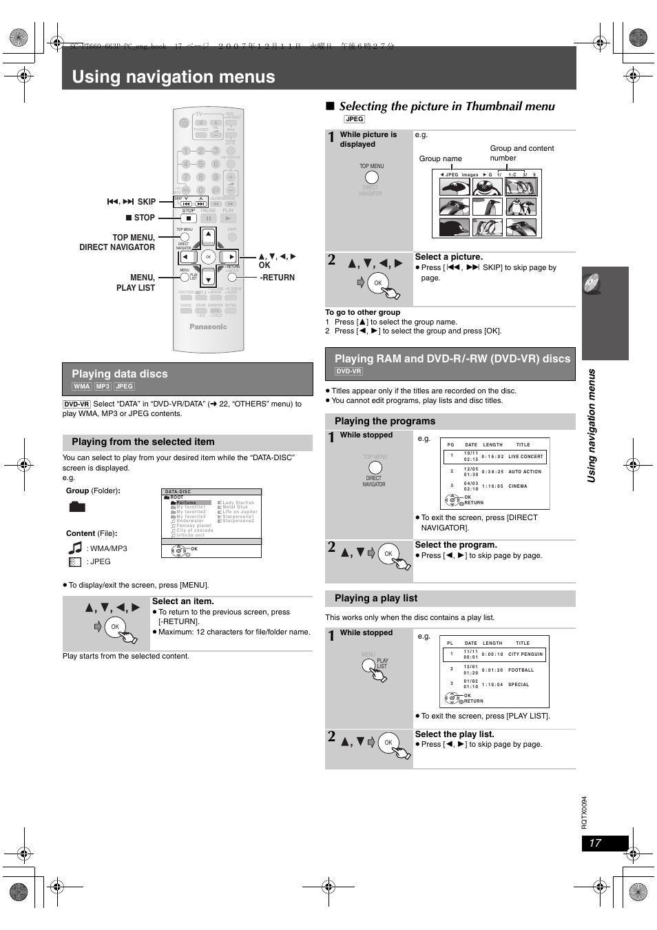 Using navigation menus, Selecting the picture in thumbnail menu, Playing data discs | Playing ram and dvd-r/-rw (dvd-vr) discs, Usi n g na v ig a ti on me n u s, Playing from the selected item, Playing the programs, Playing a play list | Panasonic SC-PT754 User Manual | Page 17 / 40