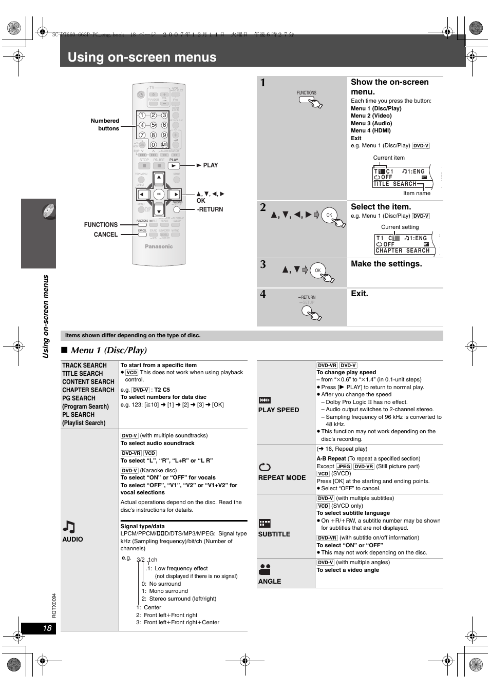 Using on-screen menus, Menu 1 (disc/play), Show the on-screen menu | Select the item, Make the settings, Exit, Usi n g on -scre e n me n u s | Panasonic SC-PT754 User Manual | Page 18 / 40