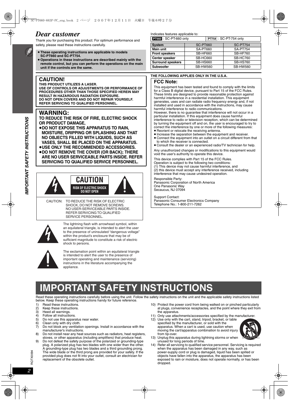 Important safety instructions, Dear customer, Warning | Caution | Panasonic SC-PT754 User Manual | Page 2 / 40