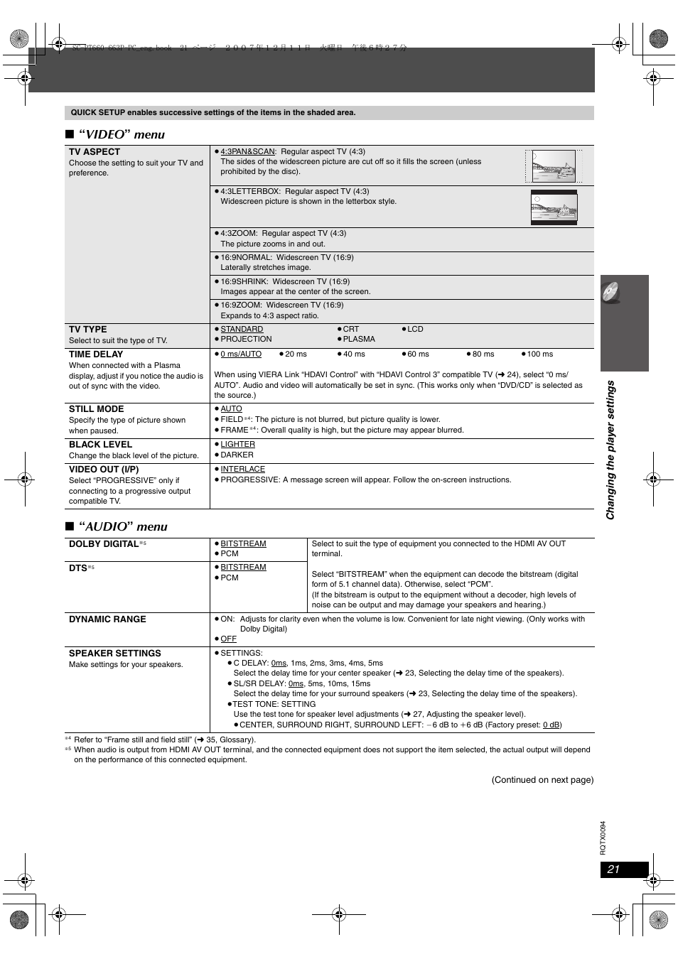 Video ” menu ∫ “ audio ” menu | Panasonic SC-PT754 User Manual | Page 21 / 40