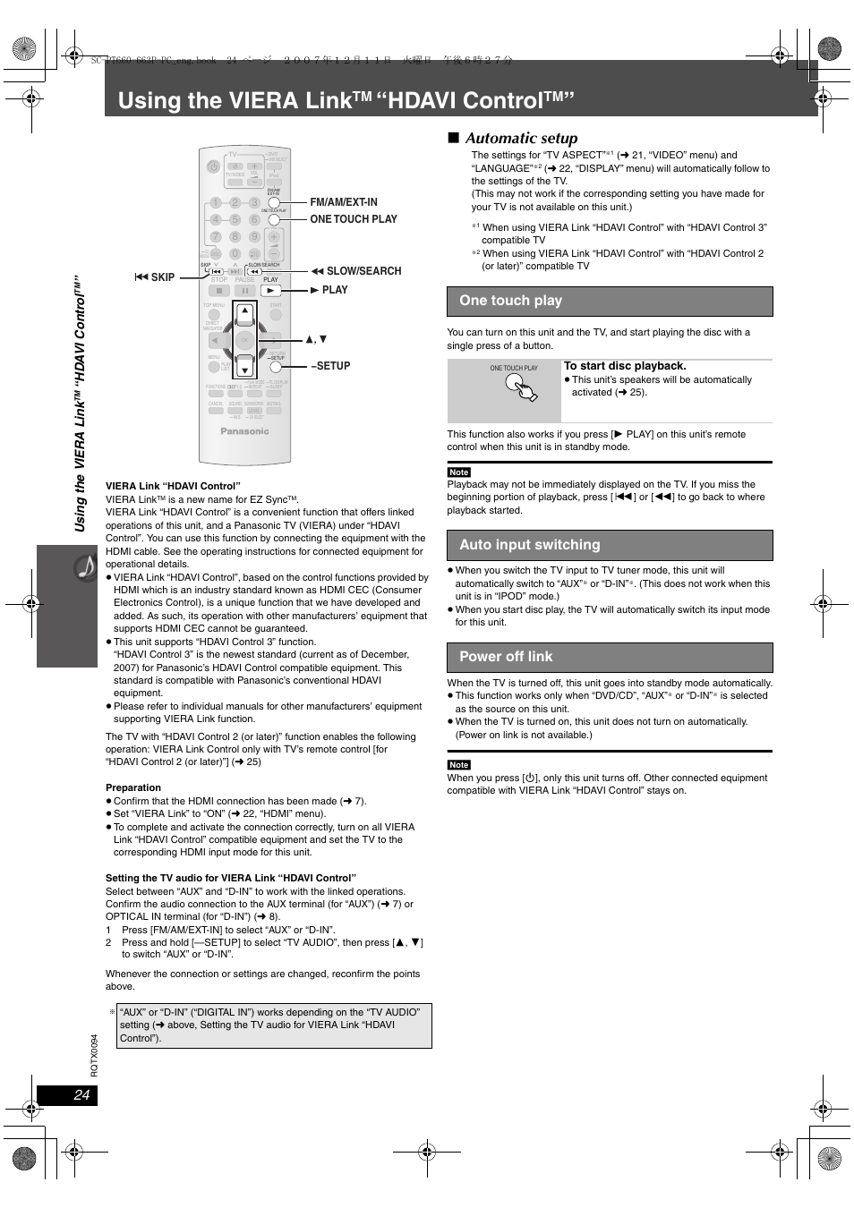 Otheroperations, Using the viera linktm “hdavi controltm, Using the viera link | Hdavi control, Automatic setup, One touch play, Auto input switching power off link, Usi n g the vi era li nk | Panasonic SC-PT754 User Manual | Page 24 / 40