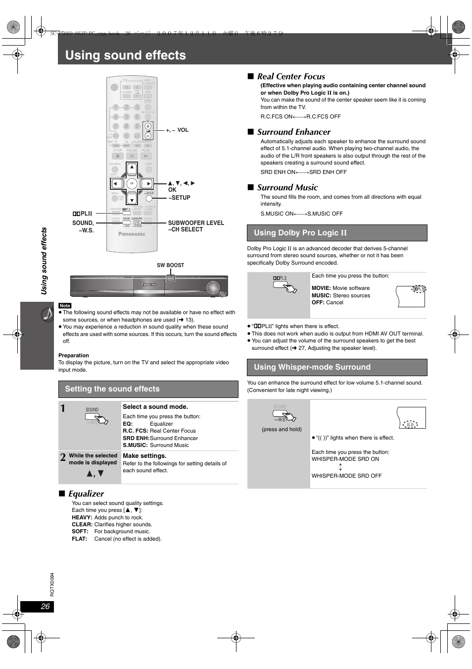 Using sound effects, Surroundsound, Equalizer | Real center focus, Surround enhancer, Surround music, Setting the sound effects, Using dolby pro logic ii, Using whisper-mode surround, Usi n g so un d eff e cts | Panasonic SC-PT754 User Manual | Page 26 / 40