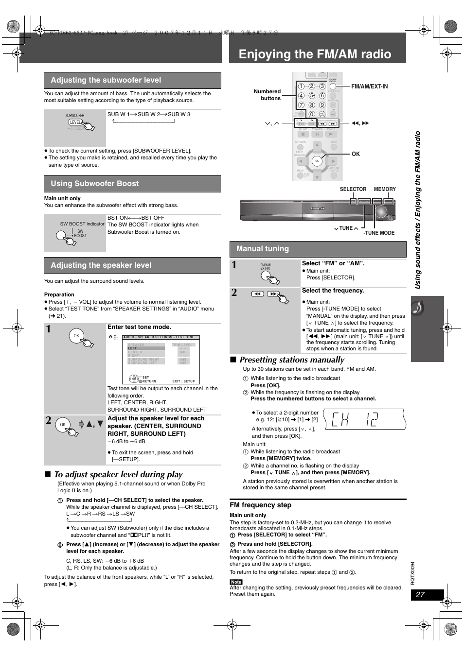 Enjoying the fm/am radio, Presetting stations manually, Adjusting the subwoofer level | Using subwoofer boost, Adjusting the speaker level, Manual tuning, Fm frequency step | Panasonic SC-PT754 User Manual | Page 27 / 40
