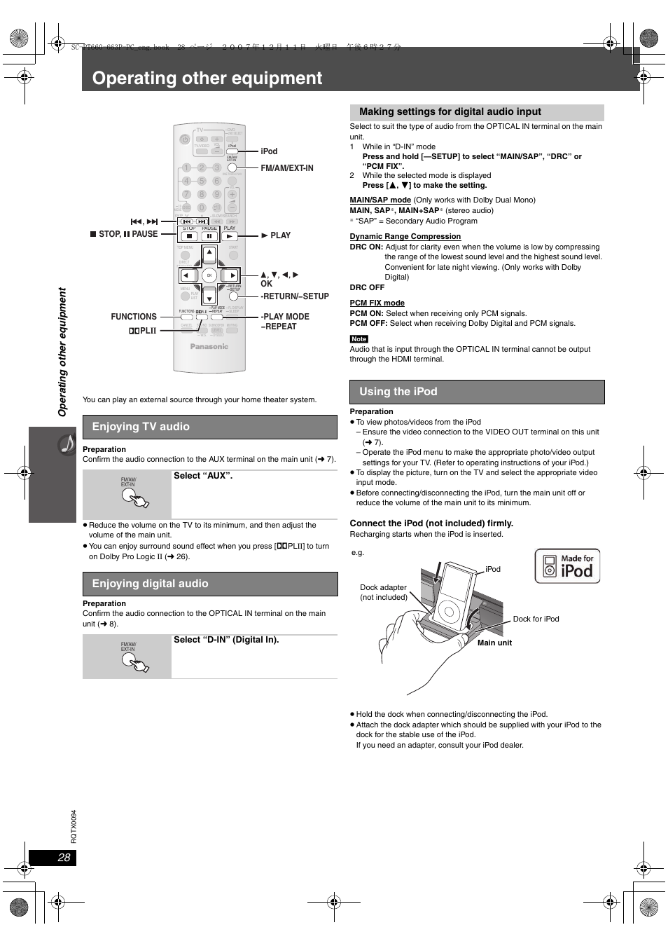 Operating other equipment, Tv audio, Enjoying tv audio | Enjoying digital audio, Using the ipod, Op erati n g oth e r eq ui pment, Making settings for digital audio input | Panasonic SC-PT754 User Manual | Page 28 / 40