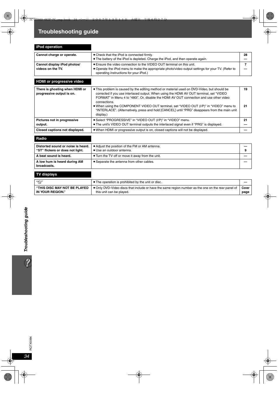 Troubleshooting guide | Panasonic SC-PT754 User Manual | Page 34 / 40