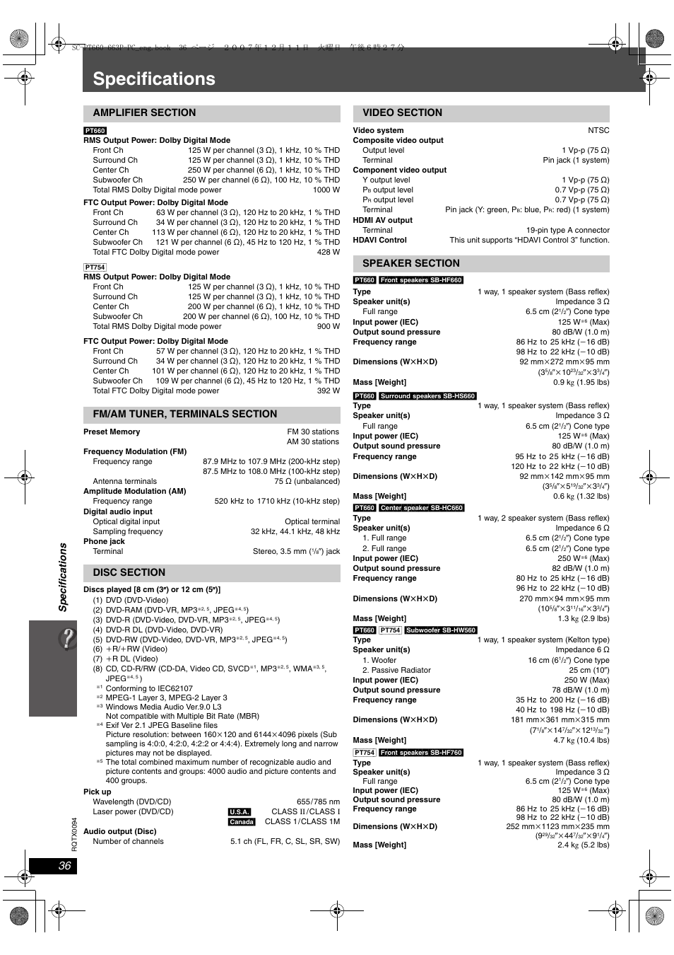 Specifications | Panasonic SC-PT754 User Manual | Page 36 / 40