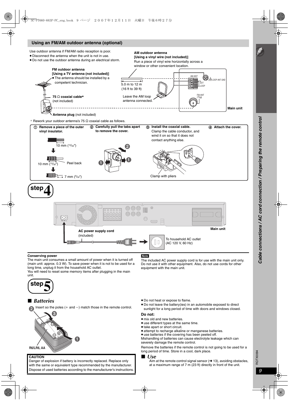 Step, Ac cord connection, Preparing the remote control | Batteries | Panasonic SC-PT754 User Manual | Page 9 / 40