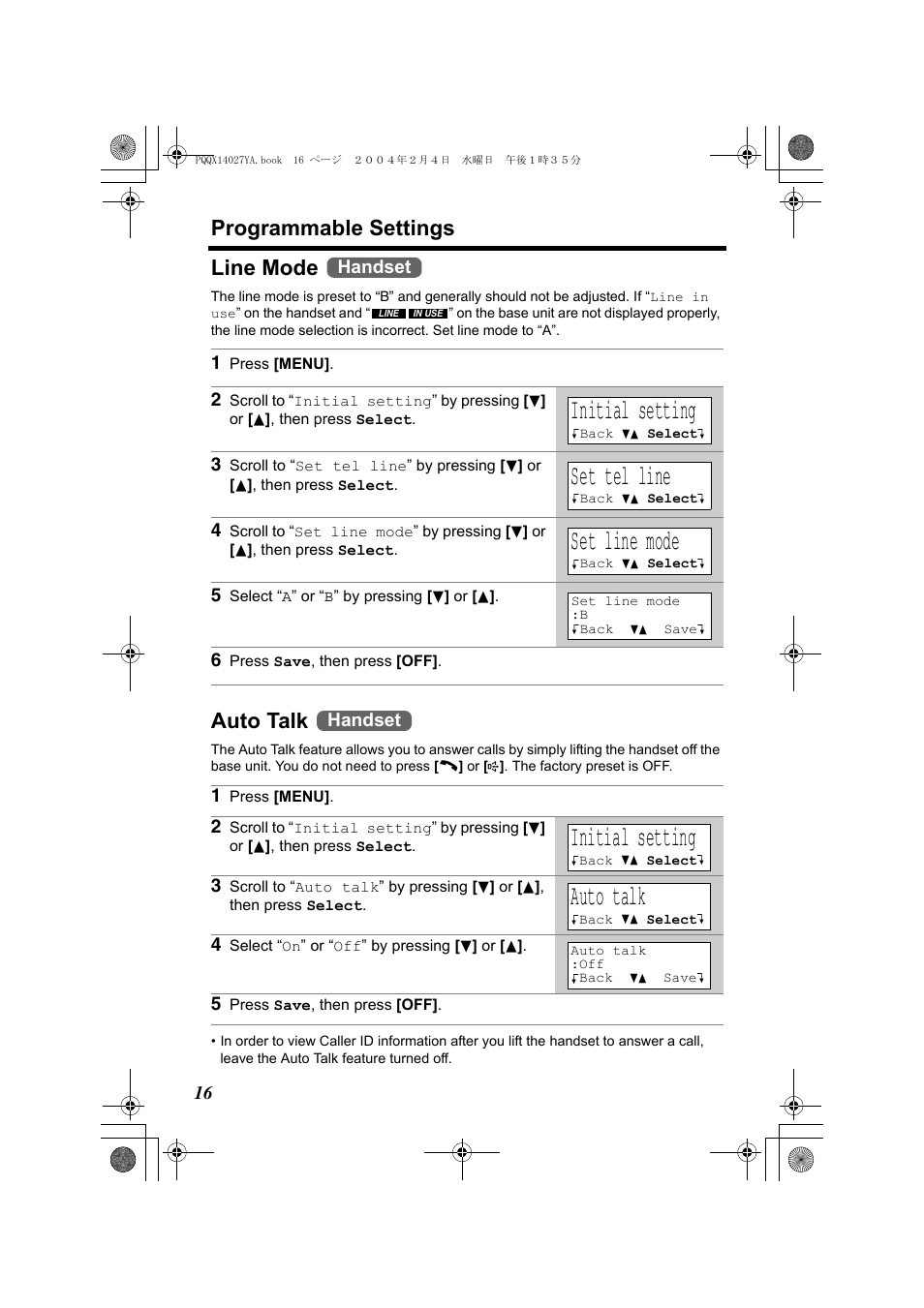 Initial setting, Set tel line, Set line mode | Programmable settings, Line mode, Auto talk, Handset | Panasonic KX-TG2355 User Manual | Page 16 / 84