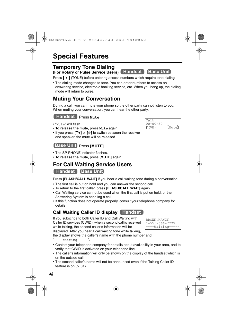 Special features, Temporary tone dialing, Muting your conversation | For call waiting service users | Panasonic KX-TG2355 User Manual | Page 48 / 84