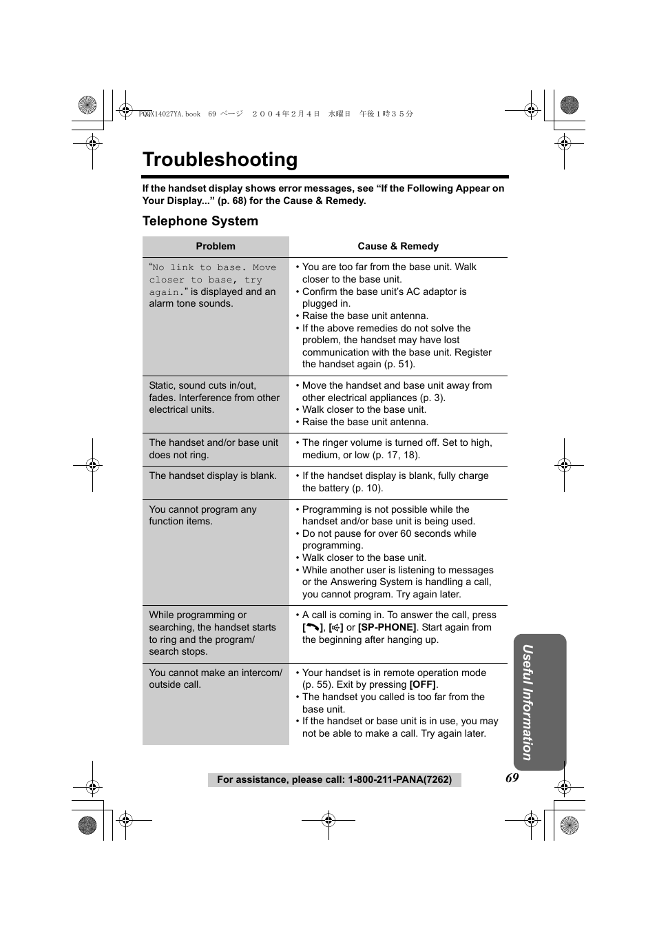 Troubleshooting, Usef ul inform ation, Telephone system | Panasonic KX-TG2355 User Manual | Page 69 / 84