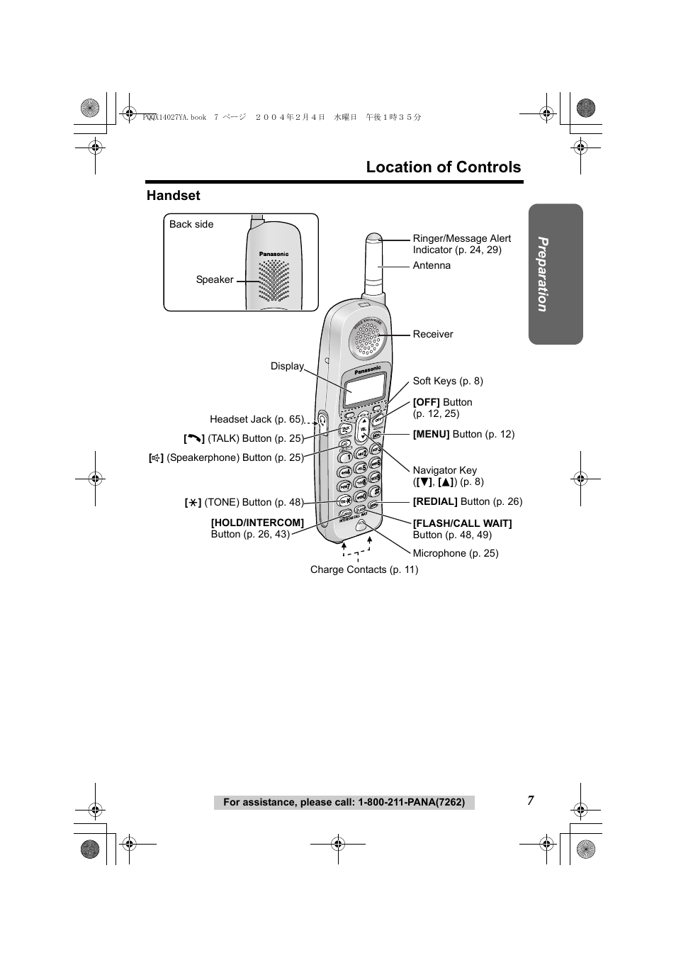 Location of controls, Pr epar at ion, Handset | Panasonic KX-TG2355 User Manual | Page 7 / 84