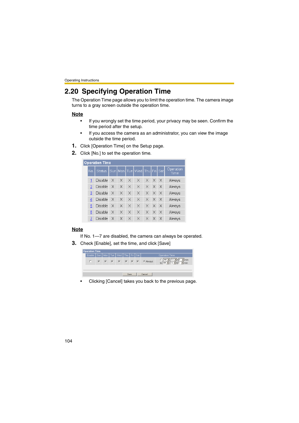 20 specifying operation time, Ge 104) | Panasonic KX-HCM280A User Manual | Page 104 / 148