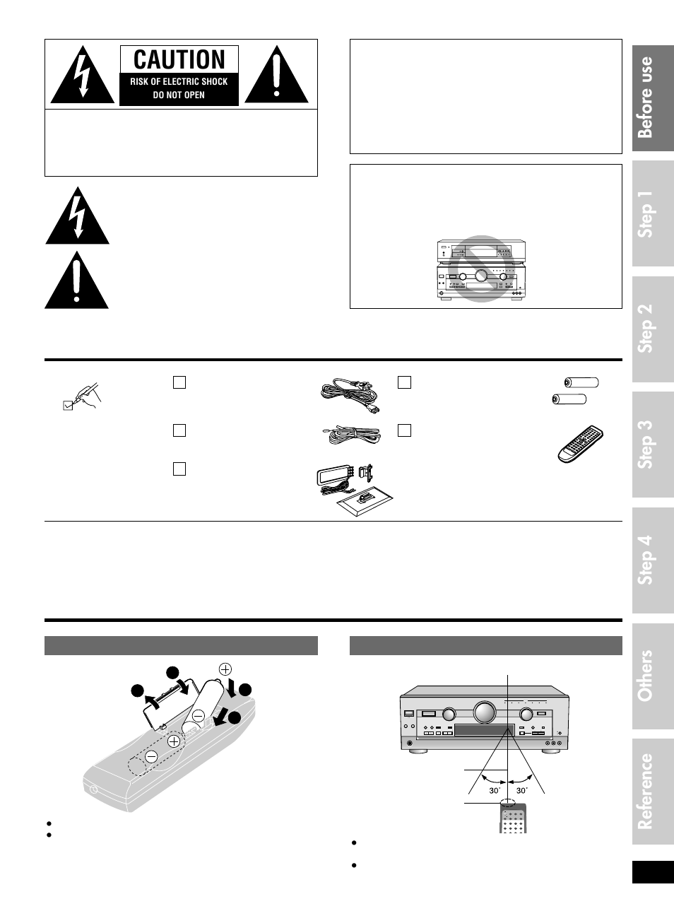 Step 1 step 2 step 3 step 4 before use others, Reference, The remote control | Supplied accessories, Warning, Caution, Batteries | Panasonic SA-HE100  EN User Manual | Page 3 / 20