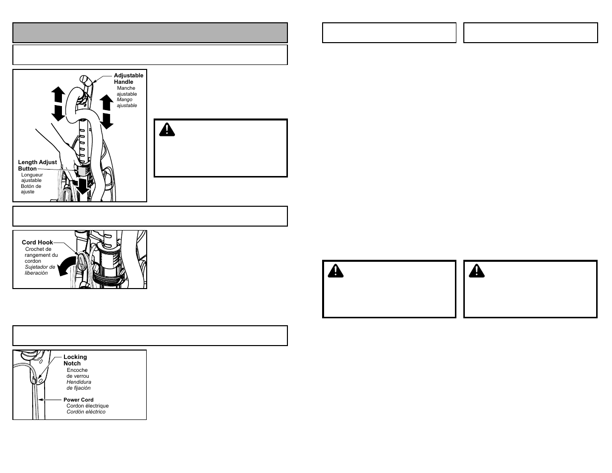 Features, Addjustable length handle, Cord hook | Locking notch, Caution, Attention, Cuidado, Adjustable length handle, Cord hook locking notch | Panasonic MC-V7720 User Manual | Page 14 / 60