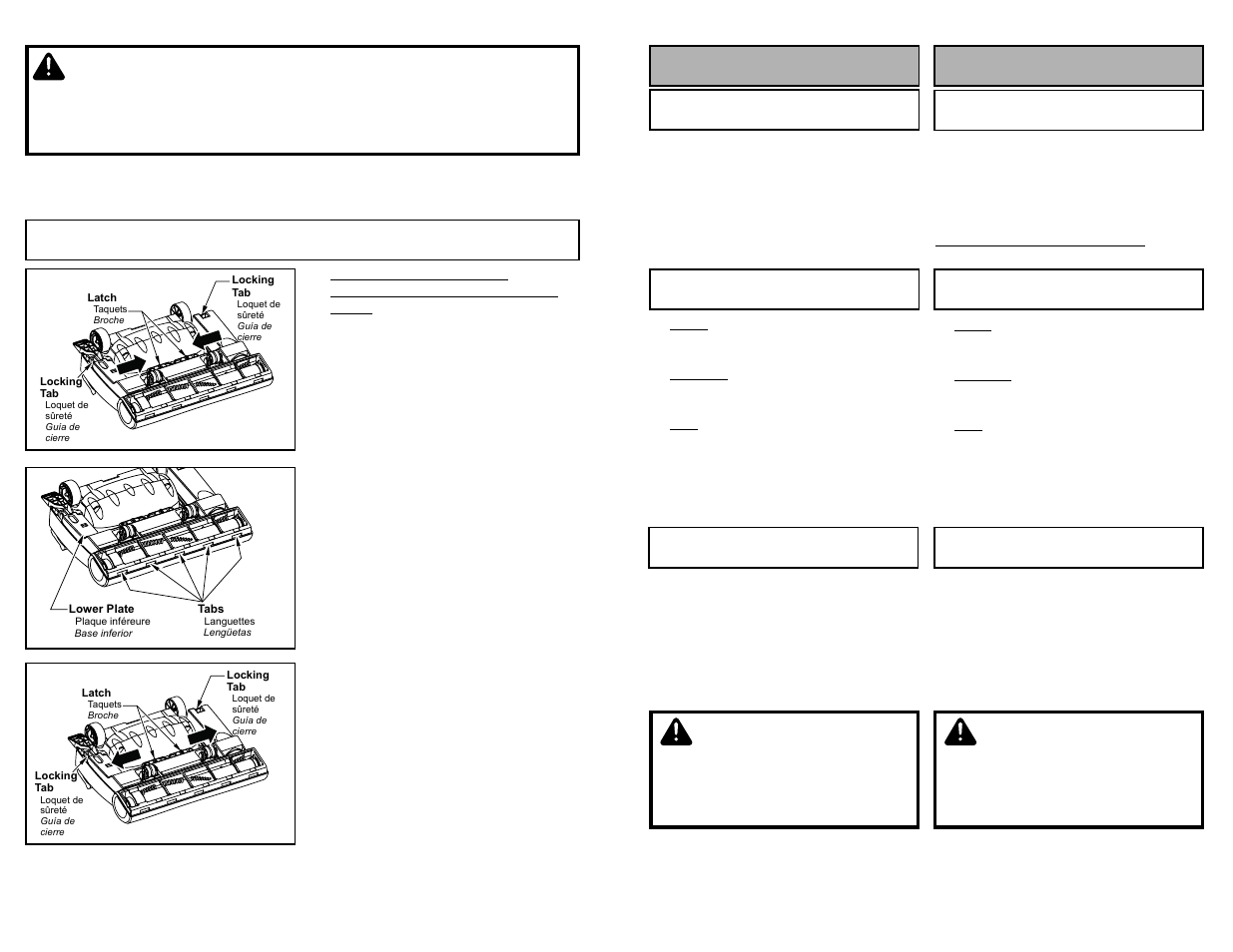 Removing and installing lower plate, Warning, Attention | Cuidado, Para operar la aspiradora fonctionnement | Panasonic MC-V7720 User Manual | Page 42 / 60