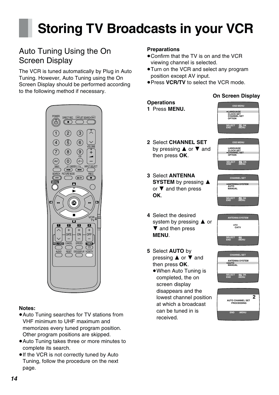 Storing tv broadcasts in your vcr, Auto tuning using the on screen display | Panasonic NV-FJ610PMP User Manual | Page 14 / 43