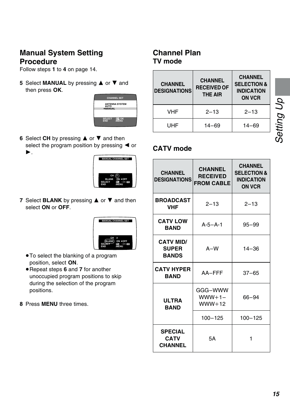 Setting up, Manual system setting procedure, Channel plan | Tv mode, Catv mode | Panasonic NV-FJ610PMP User Manual | Page 15 / 43