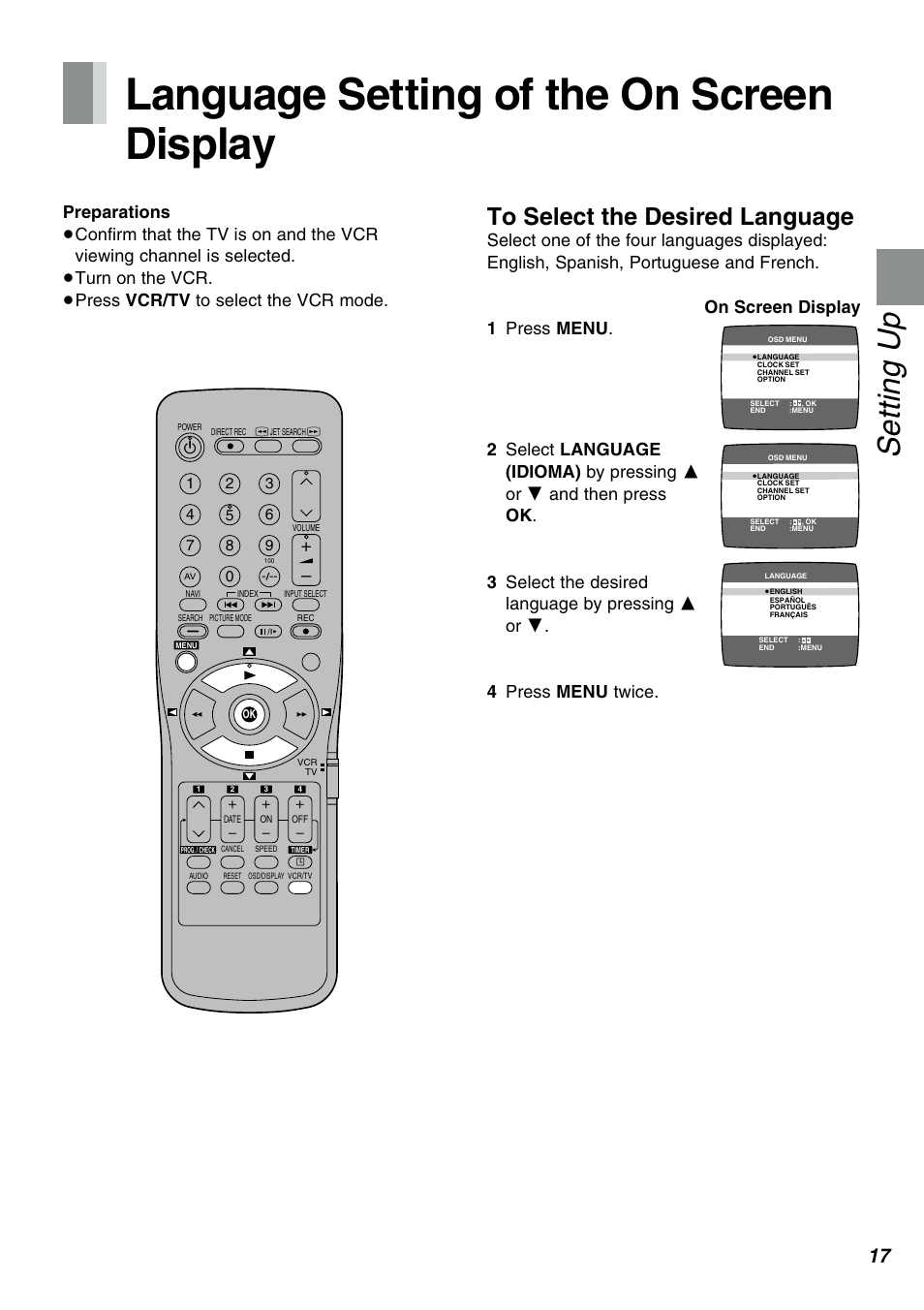 Language setting of the on screen display, Setting up | Panasonic NV-FJ610PMP User Manual | Page 17 / 43