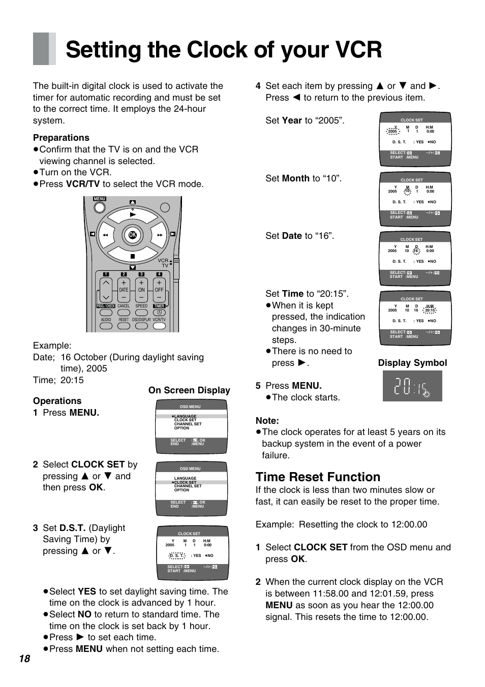 Setting the clock of your vcr, Time reset function | Panasonic NV-FJ610PMP User Manual | Page 18 / 43