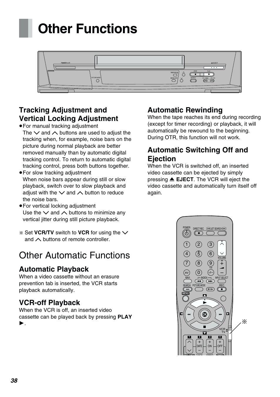 Other functions, Other automatic functions, Automatic playback | Vcr-off playback, Automatic rewinding, Automatic switching off and ejection | Panasonic NV-FJ610PMP User Manual | Page 38 / 43